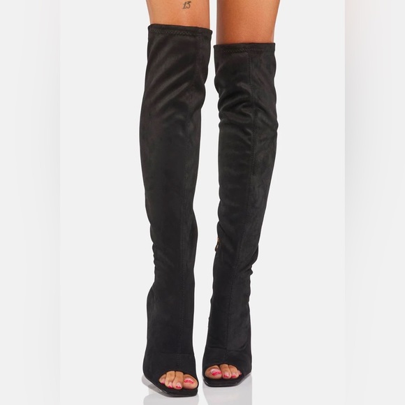 YOKI Over The Knee Stretch Peep Toe Boots Heart Shaped Heel Zip Up Black Size 7 - Picture 4 of 15